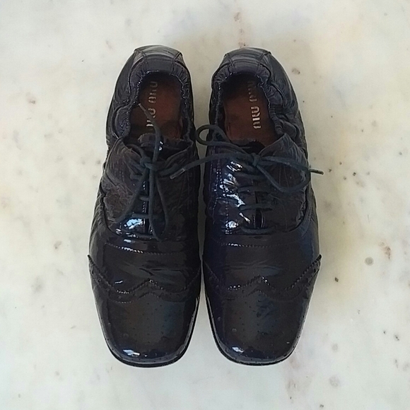 Miu Miu Shoes - Miu Miu Black Patent Leather Lace-Up Flats